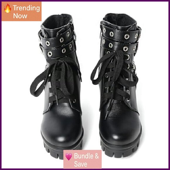 Chunky Platform Combat Boots with Buckle Zipper Rivets 3.5 Inch Heel - Picture 5 of 8